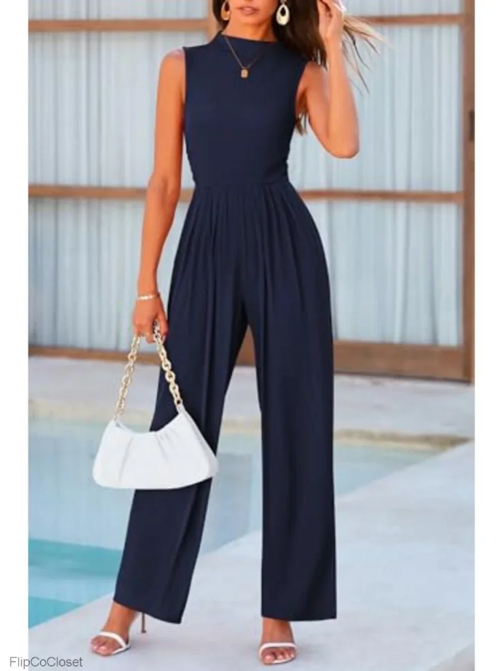 Sleeveless Wide Leg Jumpsuit with Pockets Ribbed Knit Mock Neck Dressy Summer